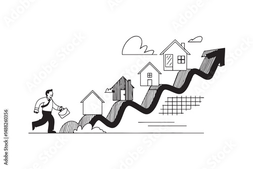 Businessman Walking Up Growth Arrow with Houses