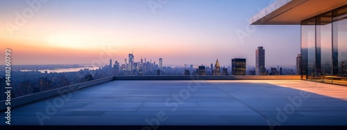 Cityscape View from a Modern Building Terrace at Sunset