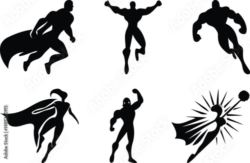 Collection of superhero silhouettes in various action poses silhouette vector illustration, superhero various action poses line art vector design set