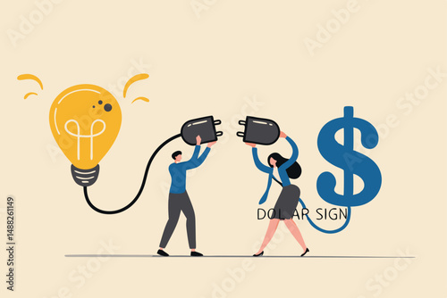 Venture capital or financial support for startup and entrepreneur company, make money idea or idea pitching for fund raising concept, businessman and woman connect lightbulb with money dollar sign.