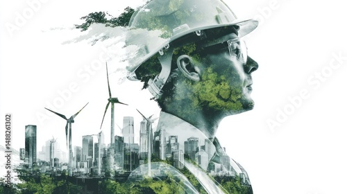 Man in hardhat with wind turbines and cityscape overlayed against white background.