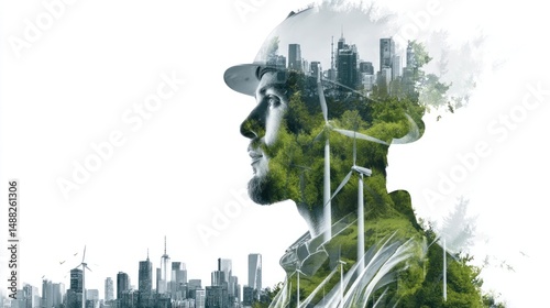 Engineer silhouette with city and wind turbines symbolizing sustainable energy and development.