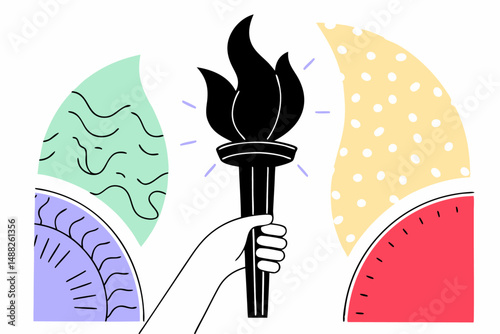 Hand grasping a torch to light the way with a strong message of victory, enlightenment, and motivation in this artistic depiction