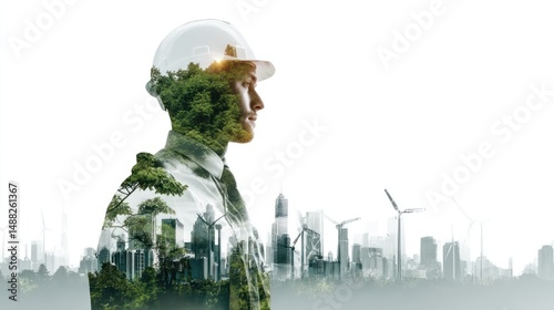 Fototapeta Naklejka Na Ścianę i Meble -  Construction worker with nature and city overlay representing sustainability or green energy.