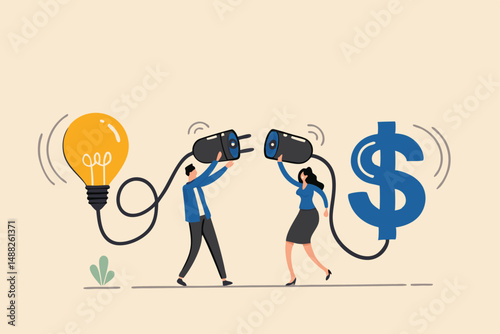 Venture capital or financial support for startup and entrepreneur company, make money idea or idea pitching for fund raising concept, businessman and woman connect lightbulb with money dollar sign.