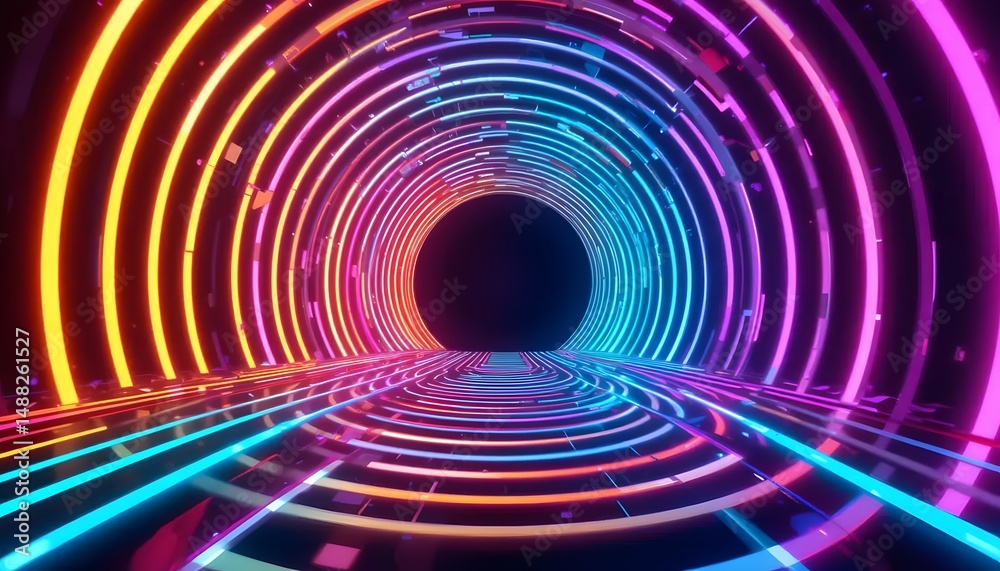 Fototapeta premium Abstract neon light tunnel with vibrant colors and geometric shapes
