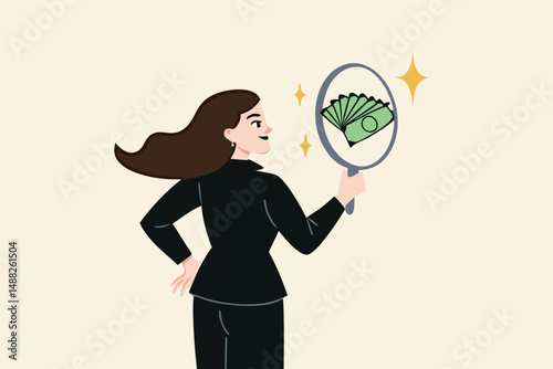 Self worth or self esteem, confident or attitude to see value in yourself, motivation or positive thinking concept, confidence businesswoman look at her reflection in the mirror to see money banknotes