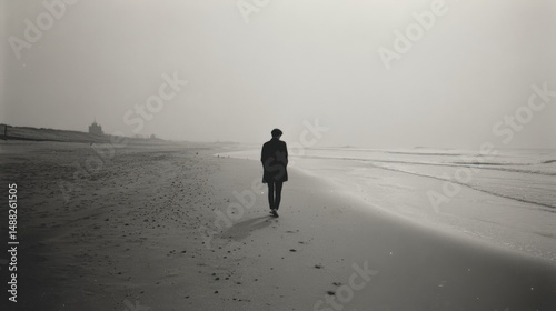 sea side , beach , black white analog photo, one man wearing black and long distance to camera