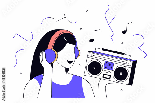 Woman listening to music celebrating World Music Day with joyful expression and a lively global sound environment