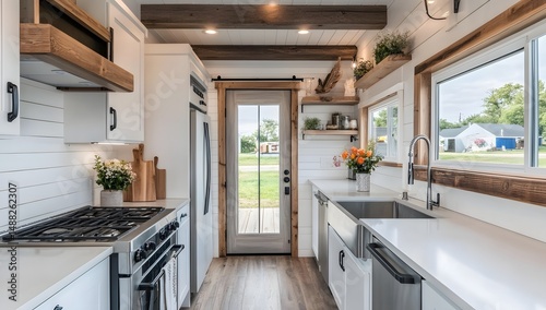 Interior of a modern tiny house kitchen, showcasing farmhouse style.