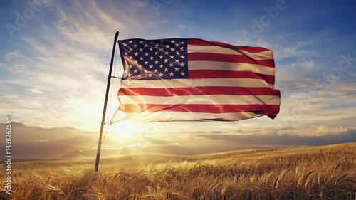 American Flag Waving in a Golden Field at Sunset