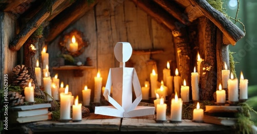 Small wooden structure holds paper figure, surrounded by many lit candles. Warm light creates cozy, peaceful scene. Moss, books visible.