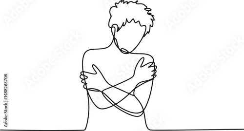 Minimalist continuous one line drawing of a person hugging themselves, self-love and emotional care concept in outline art

