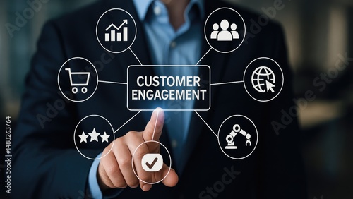 A businessman interacting with customer engagement icons showing modern marketing techniques.