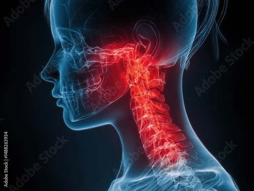 Neck pain illustration shows inflammation in the cervical spine area.