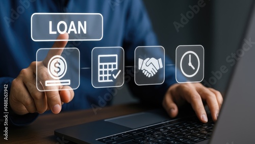 A person interacting with digital loan icons on a laptop, showcasing financial technology.
