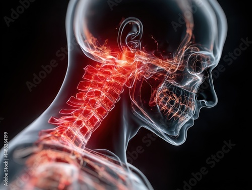 Human head skeleton neck area highlighted in red representing pain or inflammation.