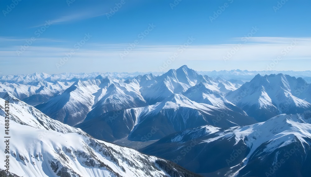 Fototapeta premium Aerial view of snow covered mountain range under bright blue sky