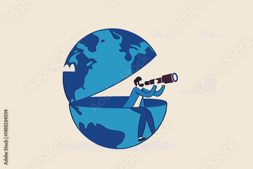 World economic vision or international opportunity for business, work or investment, searching for oversea business concept, smart businessman open globe using binoculars looking for future vision.