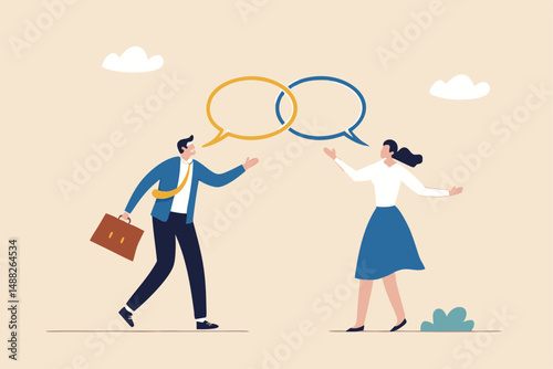 Customer engagement, emotional connection between customer and brand, loyalty, consumer trust or deep relationship concept, businessman represent brand talk with customer as linked speech bubble.