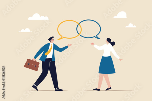Customer engagement, emotional connection between customer and brand, loyalty, consumer trust or deep relationship concept, businessman represent brand talk with customer as linked speech bubble.