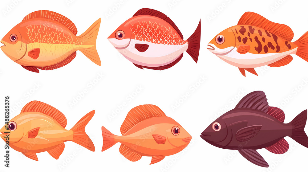 Naklejka premium Six colorful cartoon fish illustrations, isolated on white background, perfect for kids' books or educational materials