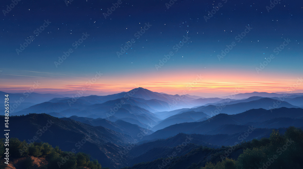 Fototapeta premium A breathtaking vista unfolds as layers of blue hued mountain ranges fade into the horizon beneath a starry sky illuminated by a warm, gentle sunset glow.