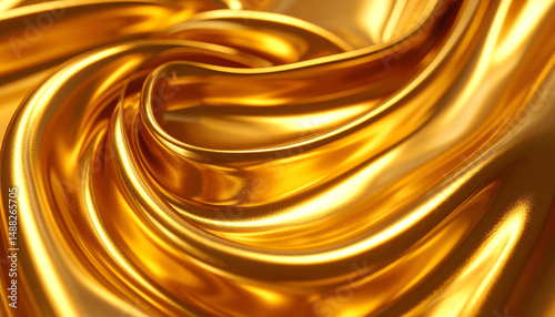 Shimmering golden fabric flows elegantly, showcasing a vibrant texture that captures light and enhances the luxurious feel of the material