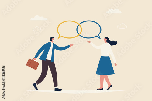 Customer engagement, emotional connection between customer and brand, loyalty, consumer trust or deep relationship concept, businessman represent brand talk with customer as linked speech bubble.