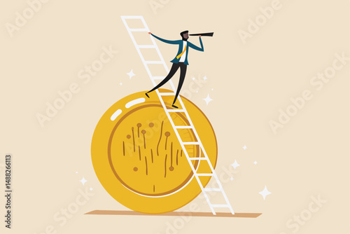 Cryptocurrency investment opportunity, vision to discover high profit crypto coin, future growth or best performance token concept, businessman with telescope climb up crypto coin to see opportunity.