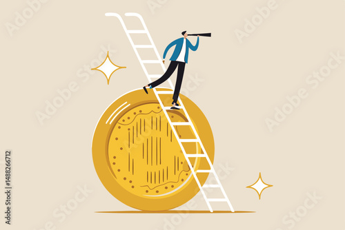 Cryptocurrency investment opportunity, vision to discover high profit crypto coin, future growth or best performance token concept, businessman with telescope climb up crypto coin to see opportunity.