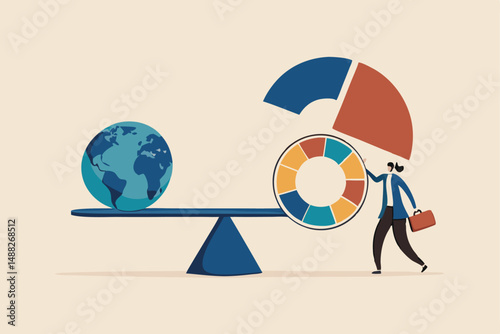 Global investment asset allocation, rebalance portfolio for international stocks, bond or real estate, wealth management concept, businessman fund manager balance pie chart with globe or world.