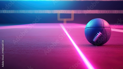 A glowing neon football field with a futuristic football and illuminated goalposts under vibrant pink and blue lights.