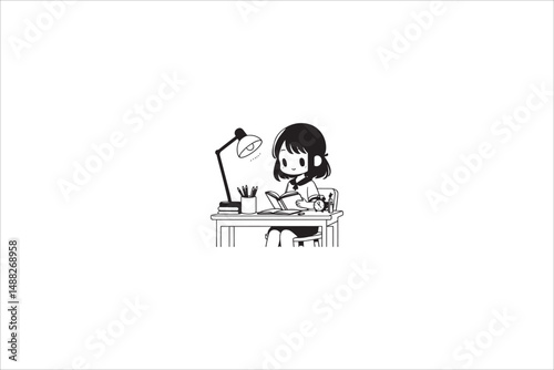 a gril read on the table silhouette with a simple, understated design set against a white background