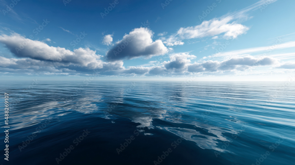 Obraz premium Tranquil seascape with soft clouds reflecting on calm water surface during daylight