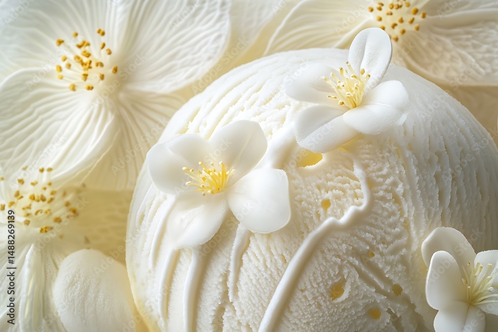 Obraz premium Vanilla ice cream is adorned with delicate white jasmine flowers, creating a dreamy dessert