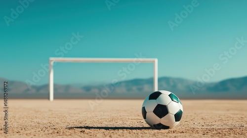 A soccer ball on a dry, sandy field with a goalpost in the background under a clear blue sky.