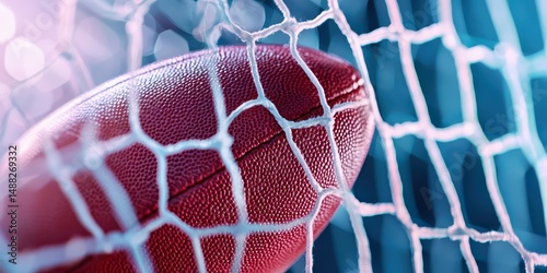 A close-up of an American football caught in a net under dramatic lighting.