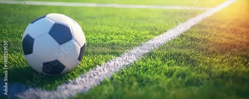 A classic black and white soccer ball rests on a lush green field near a white line, illuminated by sunlight.