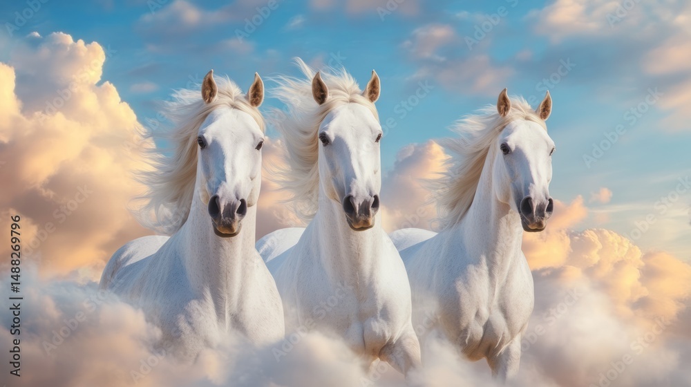 Obraz premium Majestic White Horses Running Through Soft Clouds Under a Colorful Sky at Dusk