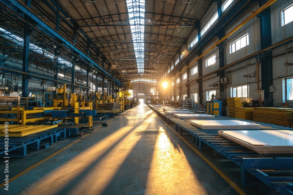 Fototapeta premium sustainable building materials,A spacious industrial factory interior with sunlight streaming through windows, illuminating machinery and stacked materials.