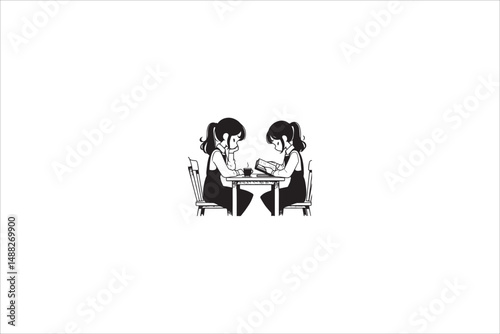 a gril read on the table silhouette with a simple, understated design set against a white background