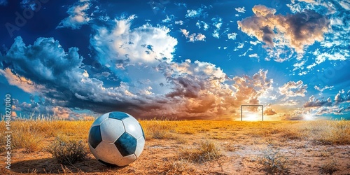 A soccer ball rests on a dry, grassy field under a dramatic sky with a distant goalpost and vibrant clouds.