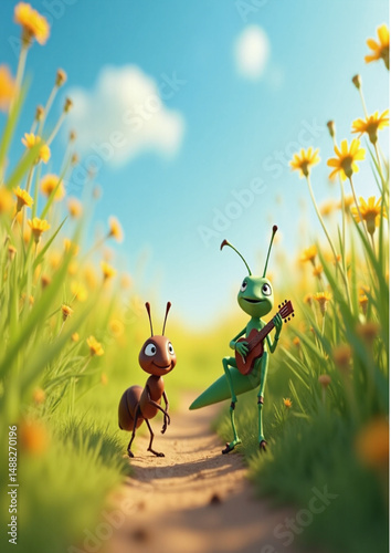 children’s story, ant and grasshopper, springtime scene, nature path, 