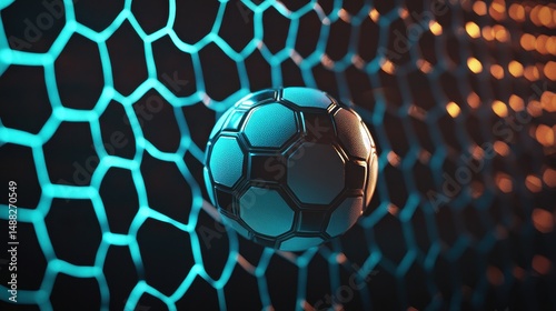 A soccer ball caught in a glowing net, symbolizing a goal under dramatic lighting.