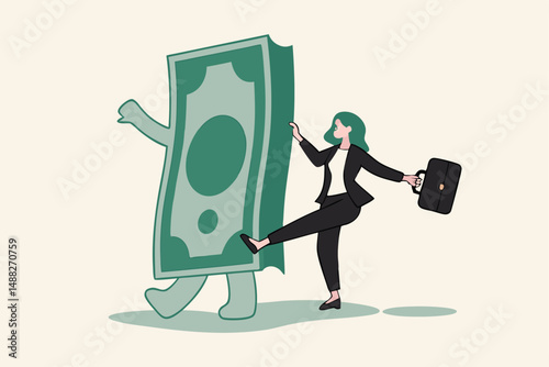 Happy money, rich and achieve financial freedom, success investment, income or salary increase, personal finance concept, success businesswoman walking arm in arm with joyful money banknotes bundle.