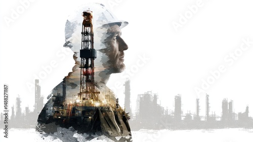 Double exposure shows engineer in hardhat with industrial refinery silhouette.