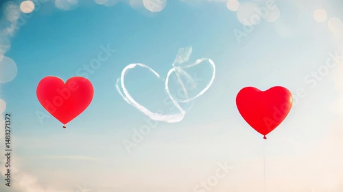 Two red heart balloons in a clear sky with a heart drawn on it, for valentine's day, romantic messages, animation