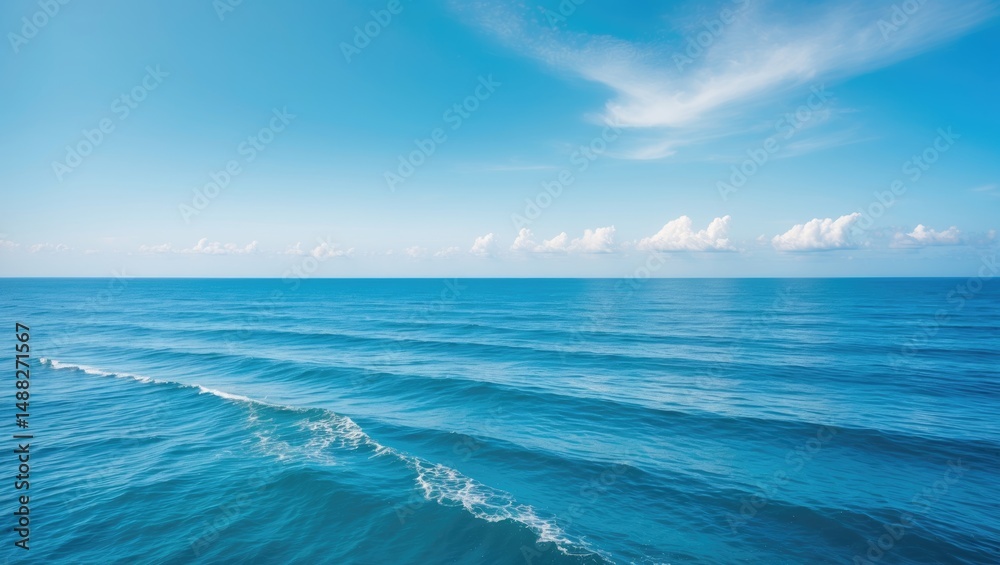 Fototapeta premium Peaceful horizontal seascape with gentle waves, clouds, and a bright blue sky on a sunny day.