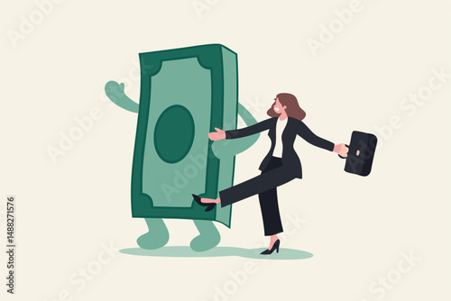 Happy money, rich and achieve financial freedom, success investment, income or salary increase, personal finance concept, success businesswoman walking arm in arm with joyful money banknotes bundle.
